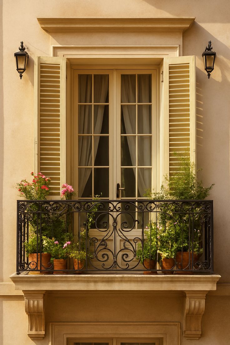 Elegant French Balcony Design with Wrought Iron Railing, Flowers & Classic French Doors